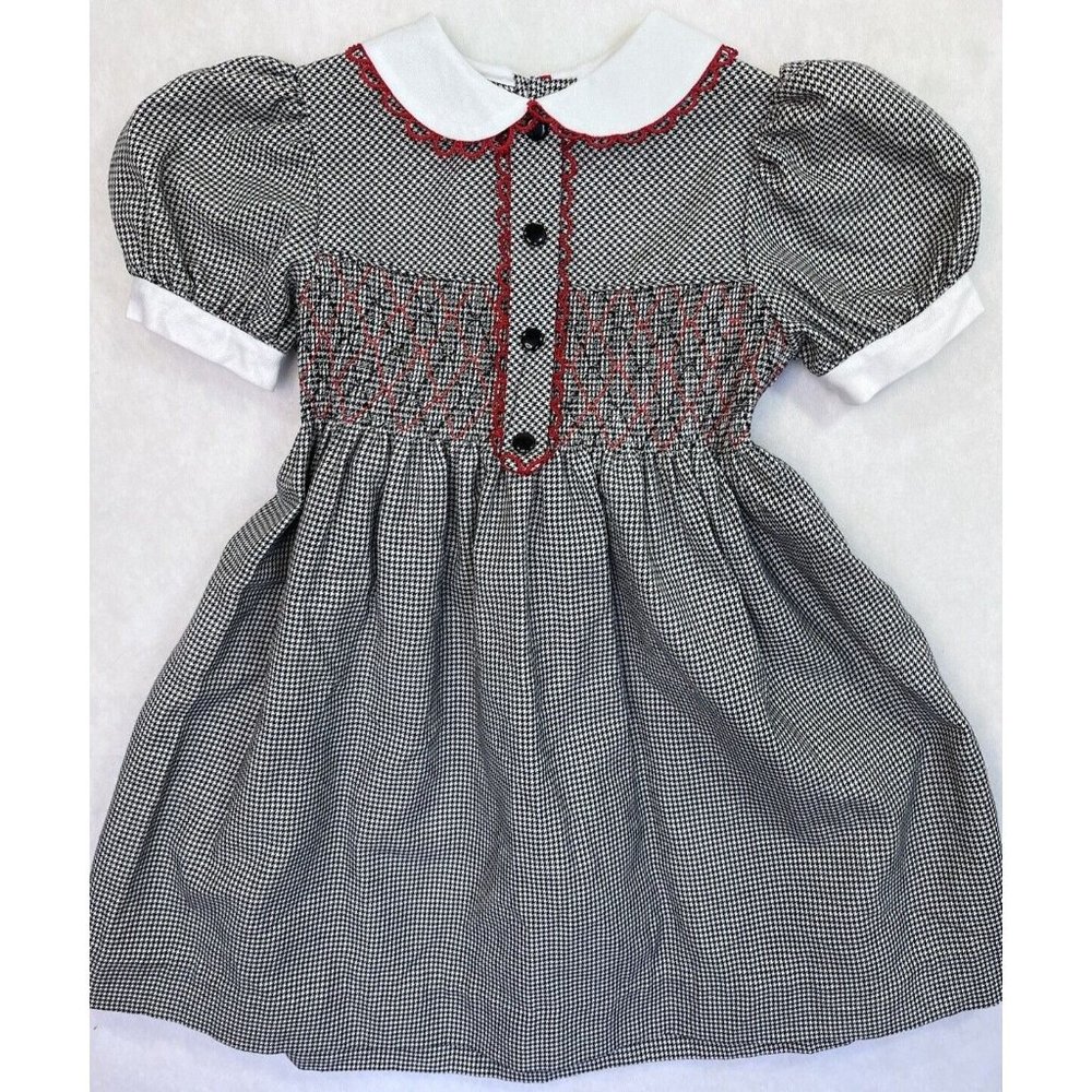 Baby Togs Smocked Dress Black Check Red Trim Girls 5 Puff Sleeve